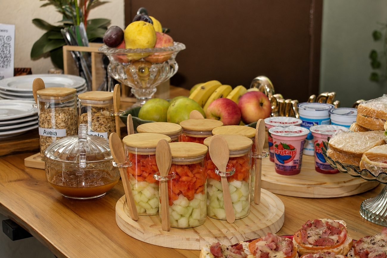 Potinhos de frutas frescas, aveia e granola
